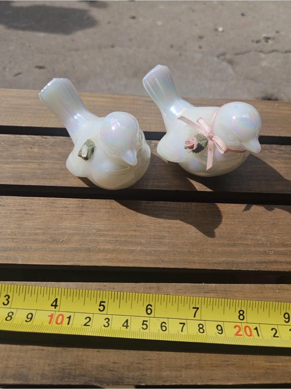 Vintage Fenton White Iridescent Glass Bird Figurines Set of 2 - read notes